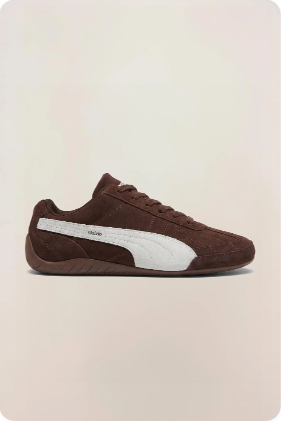 Puma Speedcat x Guizio Dark Chocolate White – Side profile view showing Guizio script on Formstrip