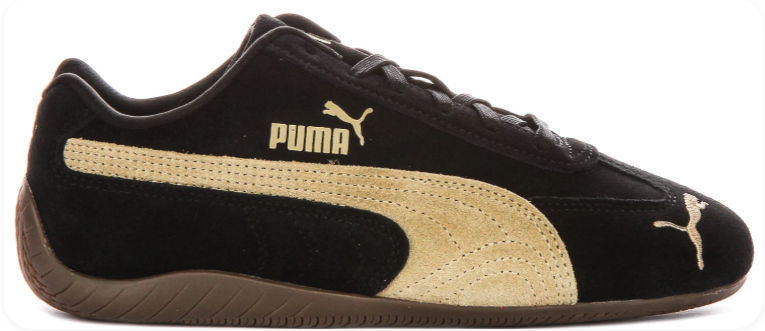 Puma Speedcat OG Black Pale Gold – Side profile view showing black suede and pale gold Formstrip