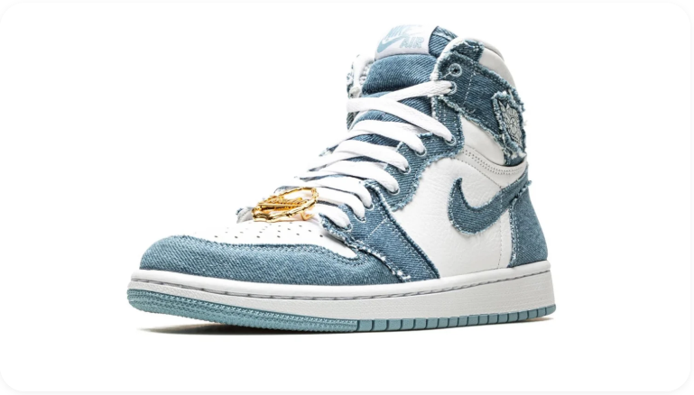 Aleali May x Air Jordan 1 Retro High OG Denim – Side view showing frayed denim edges and white midsole