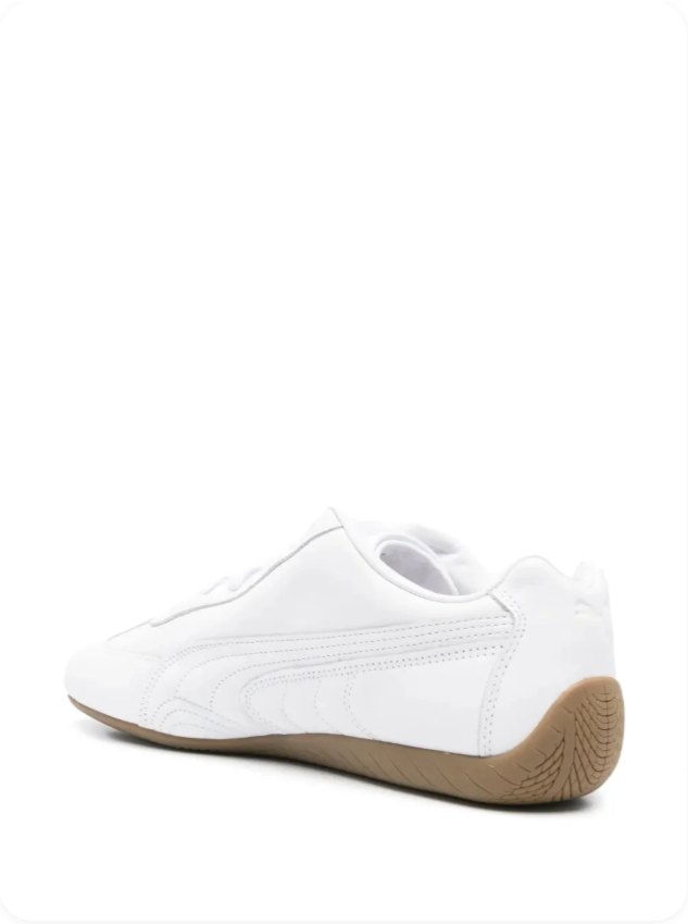 Puma Speedcat OG White Gum – Rear three-quarter view showing tonal Formstrip and gum outsole
