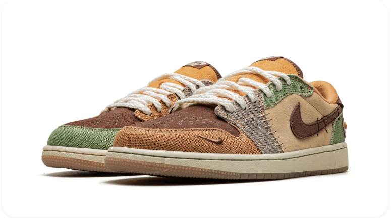 Air Jordan 1 Low OG Siempre Familia – Pair view showing sage green heel, amber collar and gum outsole
