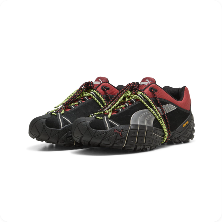Puma Velophasis x Vibram Black Dark Red – Pair angle view showing dual laces and Vibram outsole