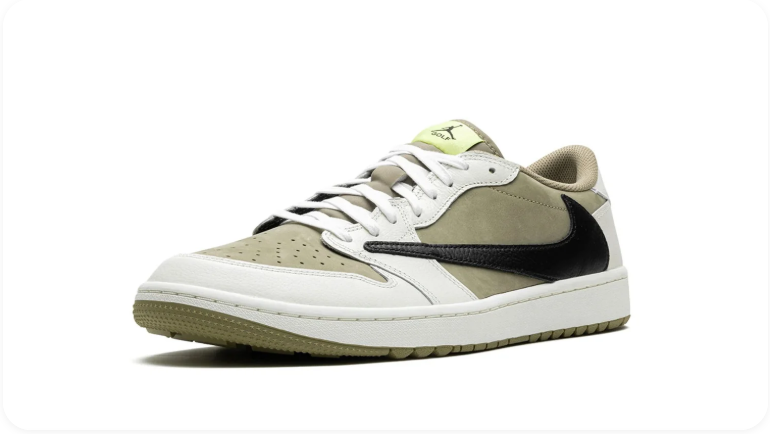 Air Jordan 1 Low Golf Neutral Olive Black White – Three-quarter view showing volt Jumpman tongue tab and white midsole