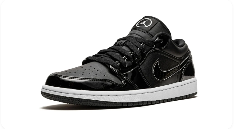 Air Jordan 1 Low Black Patent White – Three-quarter view showing tonal Swoosh stitching and white Jumpman logo