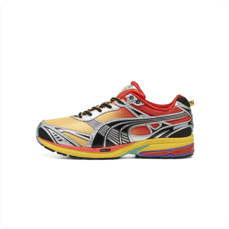 Puma Velophasis Multicolor Rainbow – Side profile view showing rainbow midsole