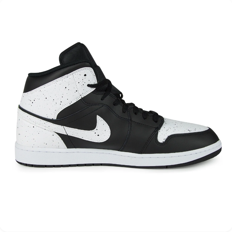 Air Jordan 1 Mid Black White Speckle – Clean side view showing white Swoosh and black outsole