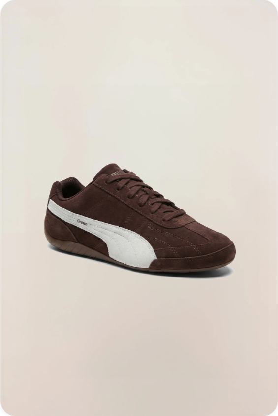 Puma Speedcat x Guizio Dark Chocolate White – Three-quarter view showing dark brown suede and white Formstrip