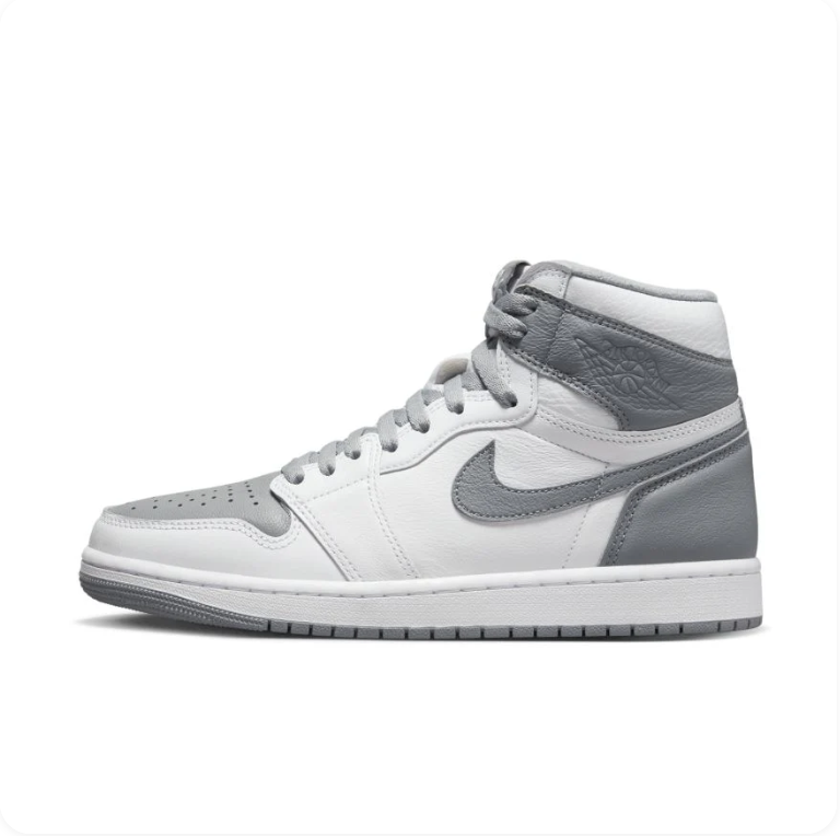 Air Jordan 1 Retro High OG White Stealth Grey – Clean side view showing embossed ankle collar and grey outsole