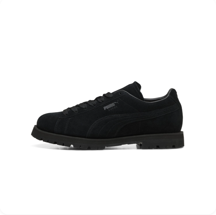 Puma Roma Triple Black Lug Sole – Side profile view showing all-black suede and chunky lug outsole