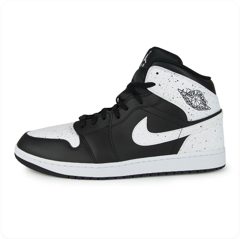 Air Jordan 1 Mid Black White Speckle – Side profile view showing speckled white panels and black leather overlays