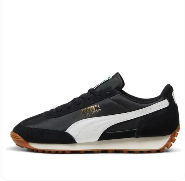 Puma Easy Rider Black White Gum – Side profile view showing white Formstrip and gold script branding