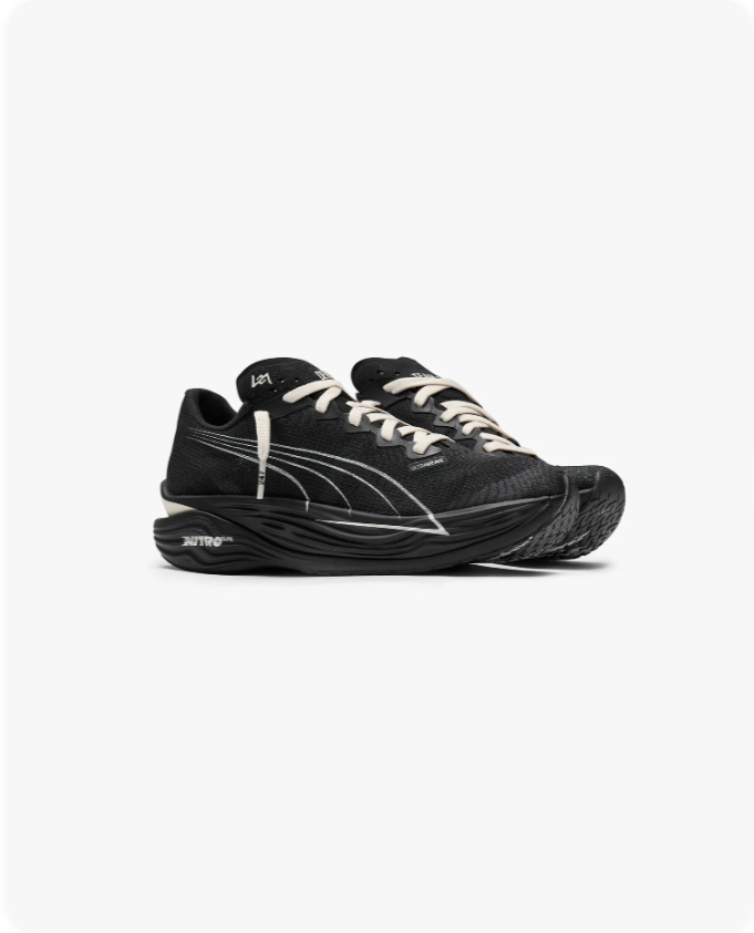 Puma x Pleasures Deviate Nitro 2 Black Cream – Pair angle view showing Nitro midsole and silver Formstrip