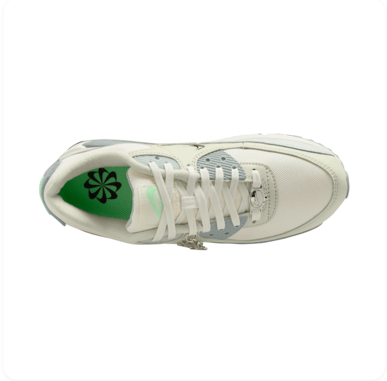 Nike Air Max 90 SE Summit White Lime Blast – Top-down view showing Jewel Swoosh charm and eco insole