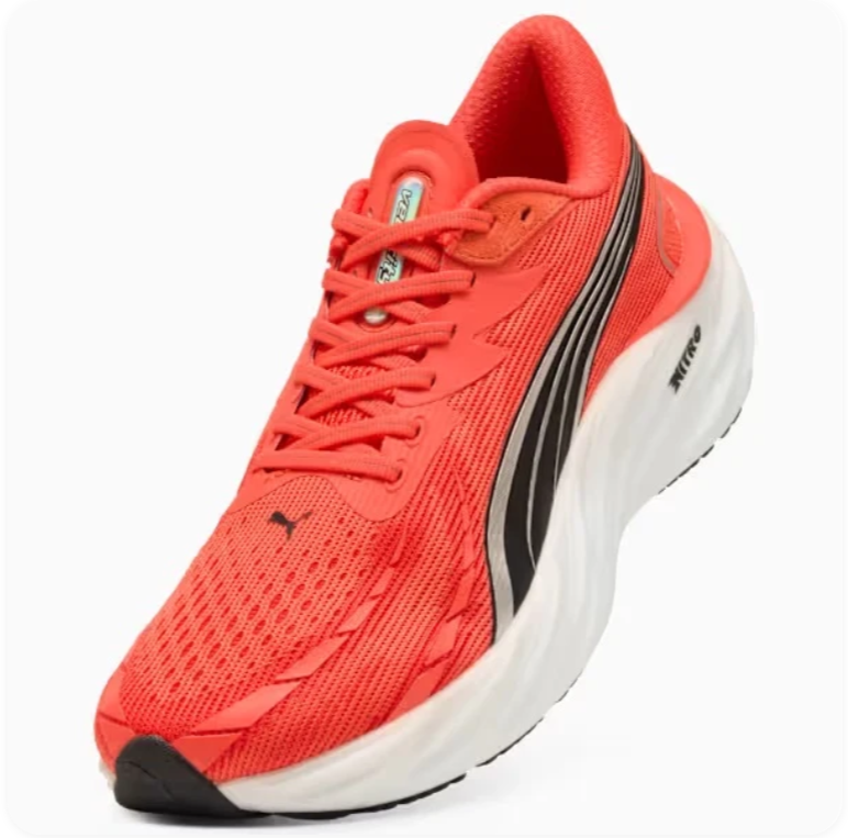Puma Magnify Nitro 2 Fire Coral Black White – Front three-quarter view showing coral mesh and black Formstrip