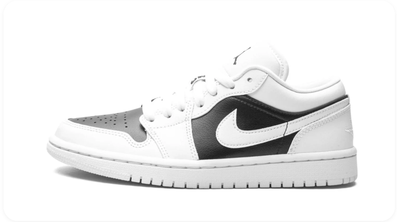 Air Jordan 1 Low White Shadow Black – Side profile view showing shadow grey toe cap and white Swoosh on black quarter