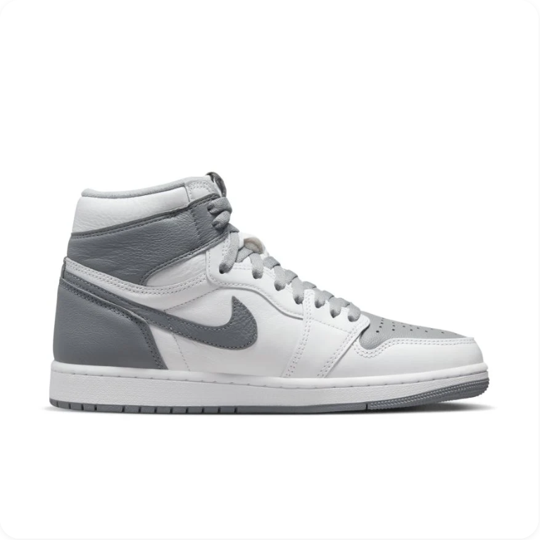 Air Jordan 1 Retro High OG White Stealth Grey – Side profile view showing grey Swoosh and white leather