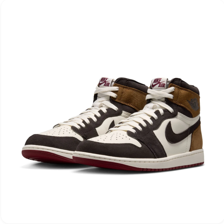 Air Jordan 1 Retro High OG Dark Mocha – Pair angle view showing golden tan strap and dark maroon outsole